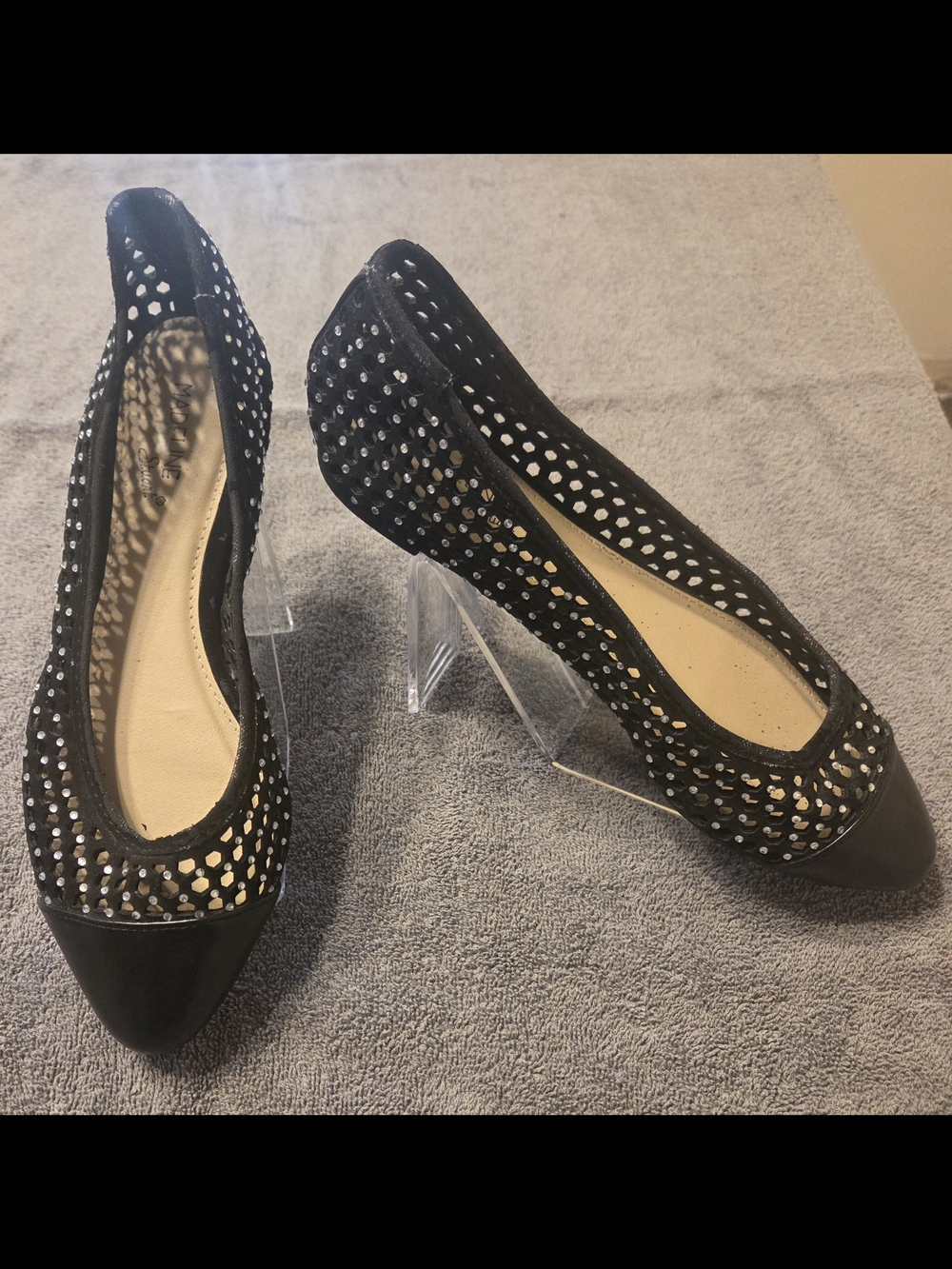 Madeline Stuart Black Rhinestone Pointed-Toe Mesh Flats